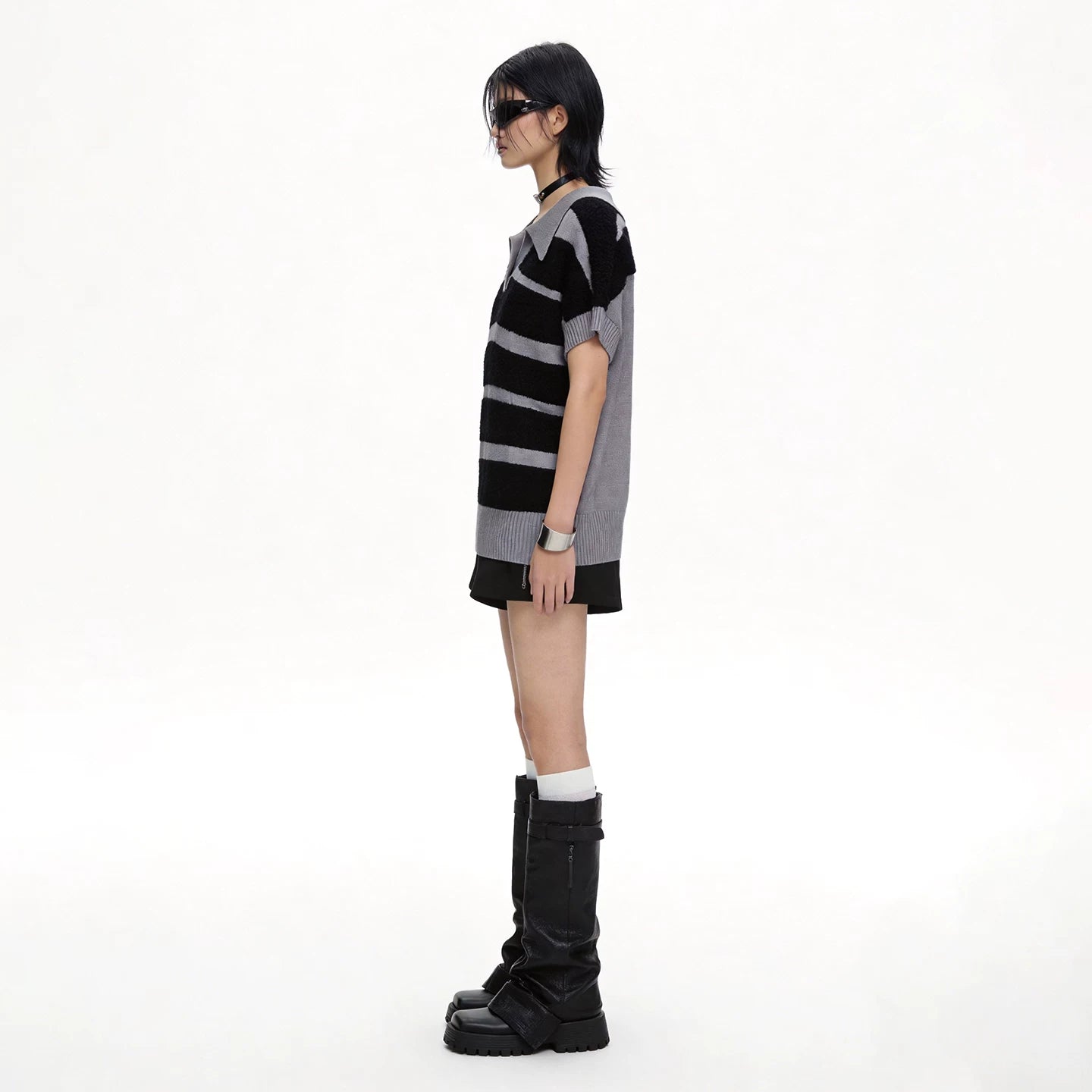 Lapargay color-block stripe oversized drop-shoulder knit top, deep V-neck, soft and fluffy skin-friendly L66308287C