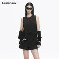 Lapargay  Sleeveless T-Shirt Women Solid Black Tone Irregular Pleats Back Drawstring Detail L78201901C