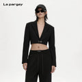 Lapargay Metal Button Blazer Deep V Notch Lapel Waist-Revealing Cropped Top L66301254E