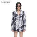 Lapargay retro all-over print suit jacket, black and white newspaper print design, clean tailoring L69301222B