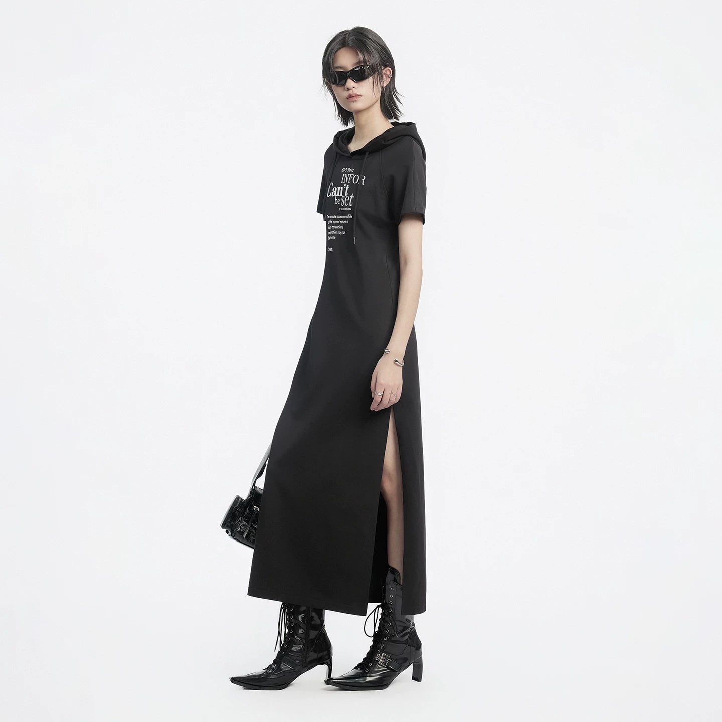 Lapargay Hooded Letter Print Dress, Chic Waist-Cinching Slit Little Black Long Dress L69209009B