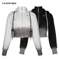 Lapargay Black and White Gradient Process Short Waist-Fitted Jacket Double Zipper Stand-collar Hooded L78101236C