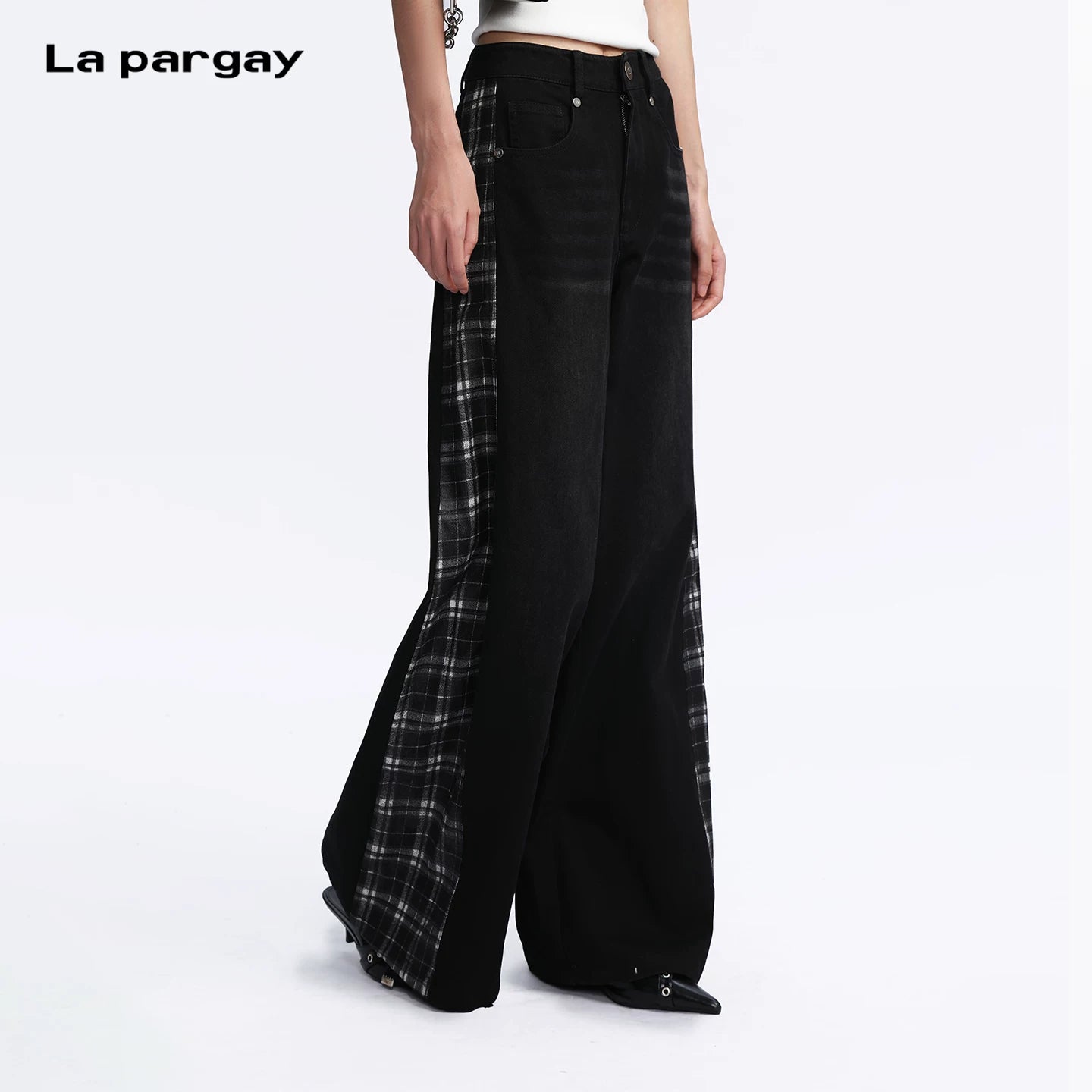 Lapargay [Swimming Plaid] Patchwork Denim Wide Leg Pants Street Style L78102908V