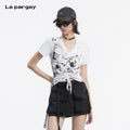 Lapargay Retro Graffiti T-Shirt Adjustable Drawstring Easy to Create Midriff Look L78200225V