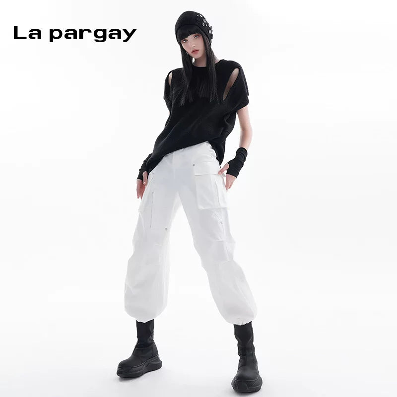 Lapargay Hollow Out Pullover Short Sleeve Knitted Sweater 2026 Spring New Women's Black Personality Casual Top