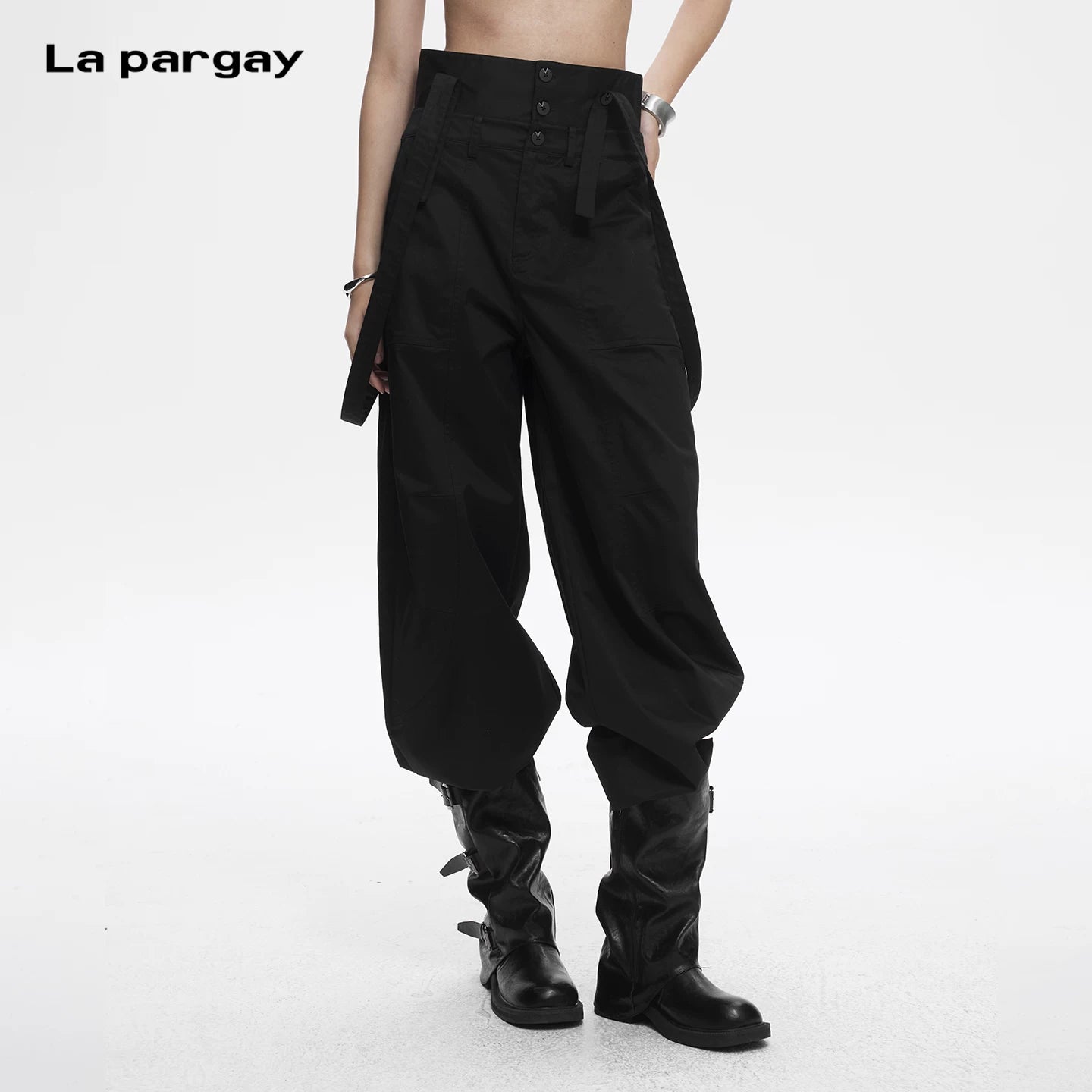 Lapargay Loose Wide Leg Casual Pants High Waist Three Button Design Double Strap Decoration L78202608V