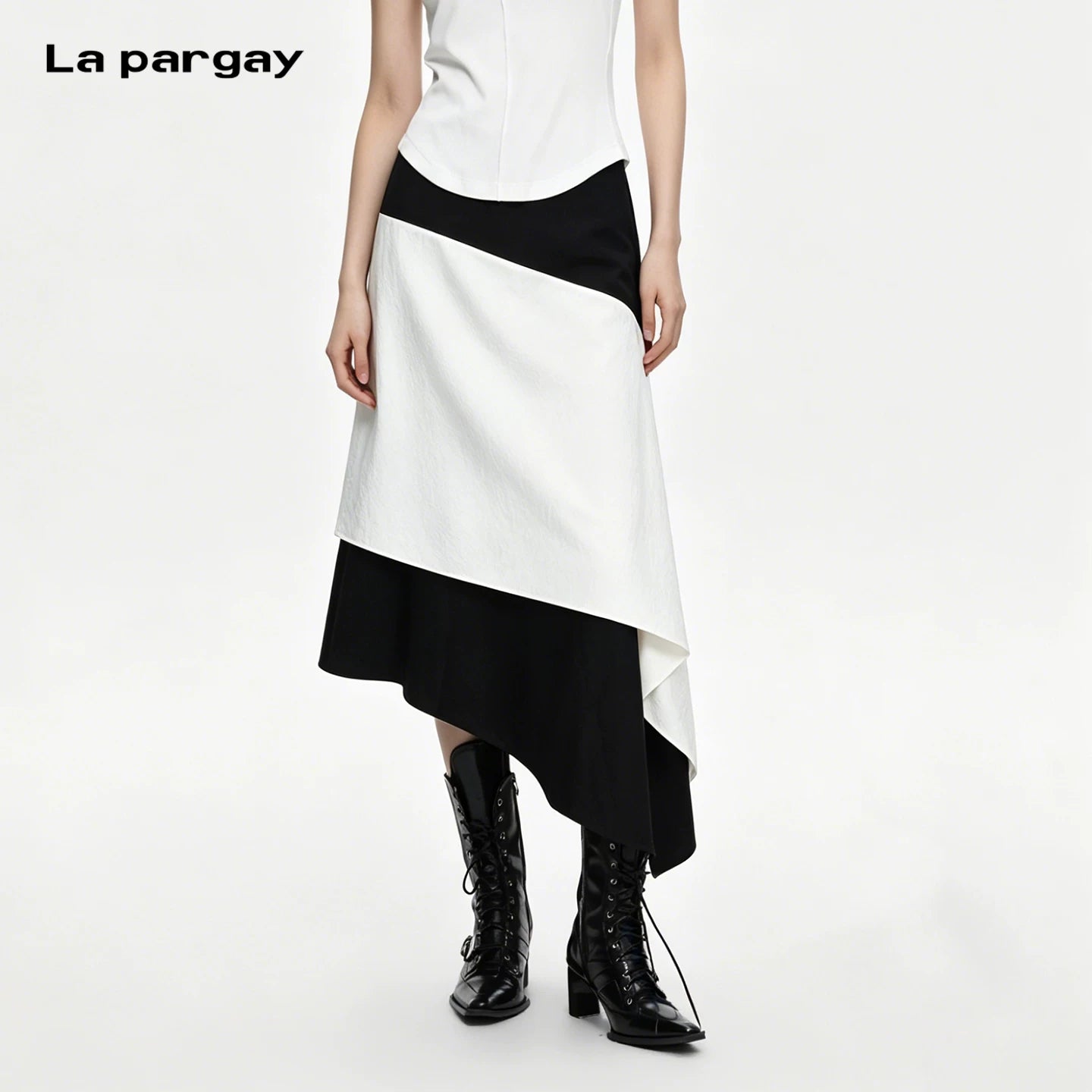 Lapargay Contrast patchwork maxi skirt Elastic high waist Layered hemline L63109109C