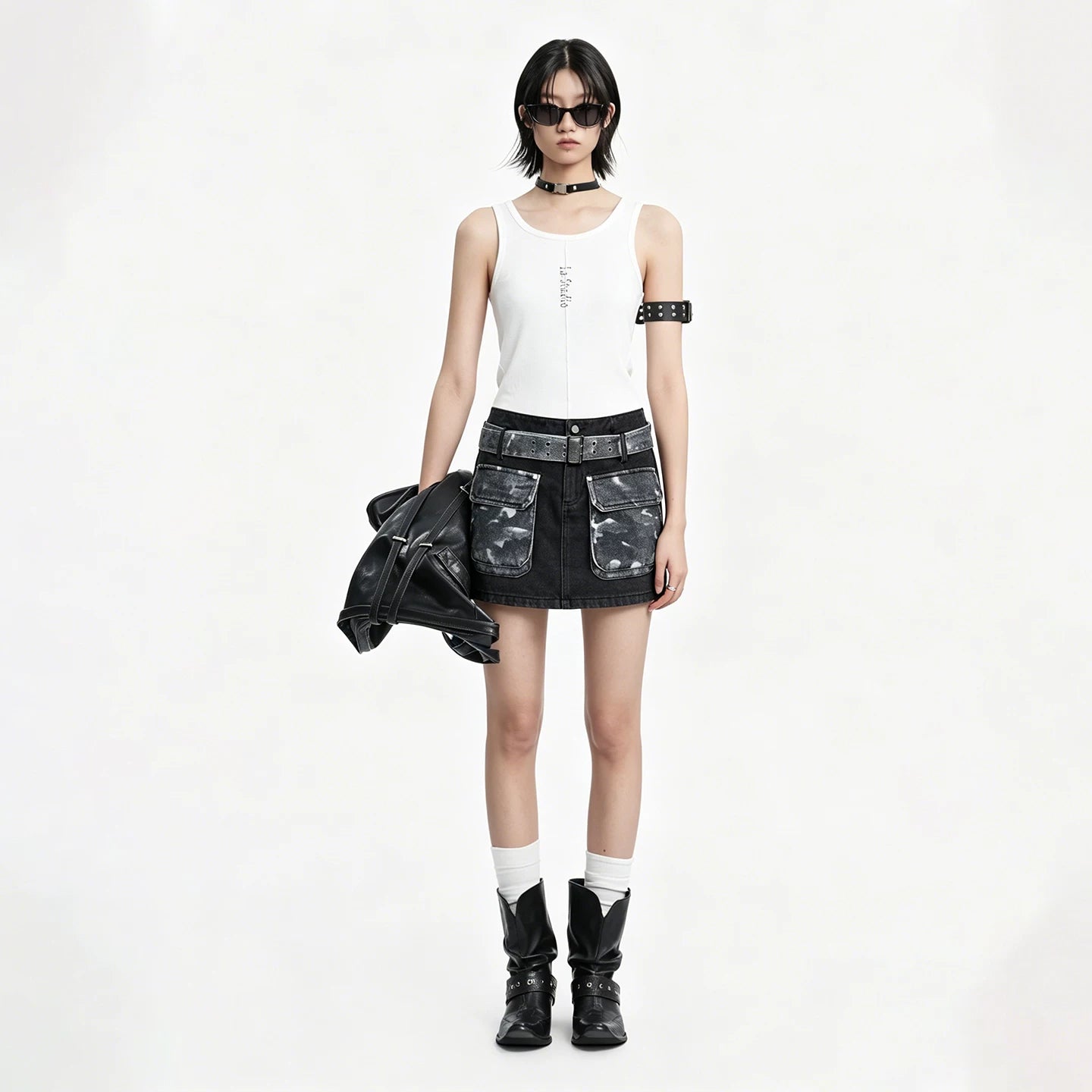 Lapargay Camouflage Cargo Mini Skirt High-Waist Slim Fit with Multi-Buckle Wide Belt L75109204V
