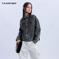 Lapargay spliced denim long-sleeve jacket for women, 2026 new style, personality casual loose top