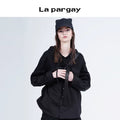 Lapargay 2026 Spring New Style Personality Hoodie Black Fabric Patchwork Pullover Casual Top