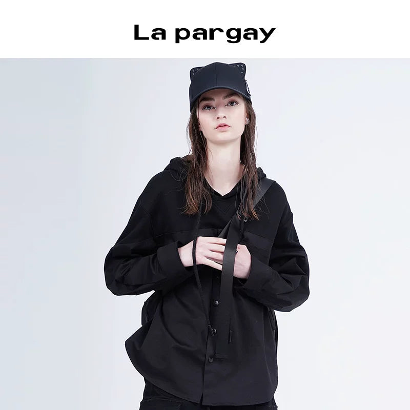 Lapargay 2026 Spring New Style Personality Hoodie Black Fabric Patchwork Pullover Casual Top