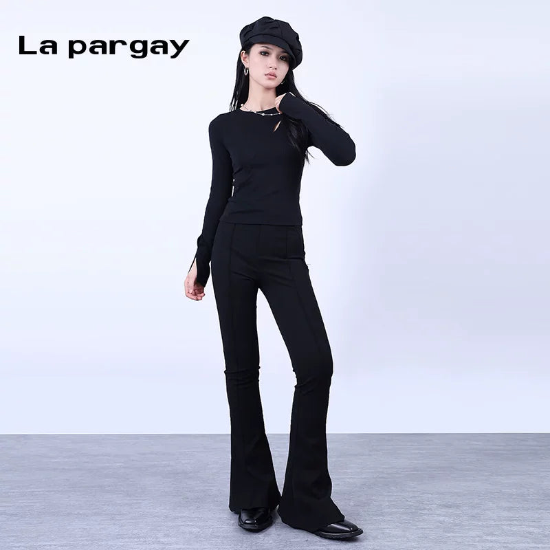 Lapargay Pullover Round Neck Long Sleeve T-Shirt Women 2026 Spring New Black Personality Casual Versatile Slim Fit Top