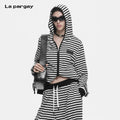 Lapargay  Black and White Stripe Contrast, Hooded Zipper Design, Ribbed Waist Slimming Jacket L78201205C