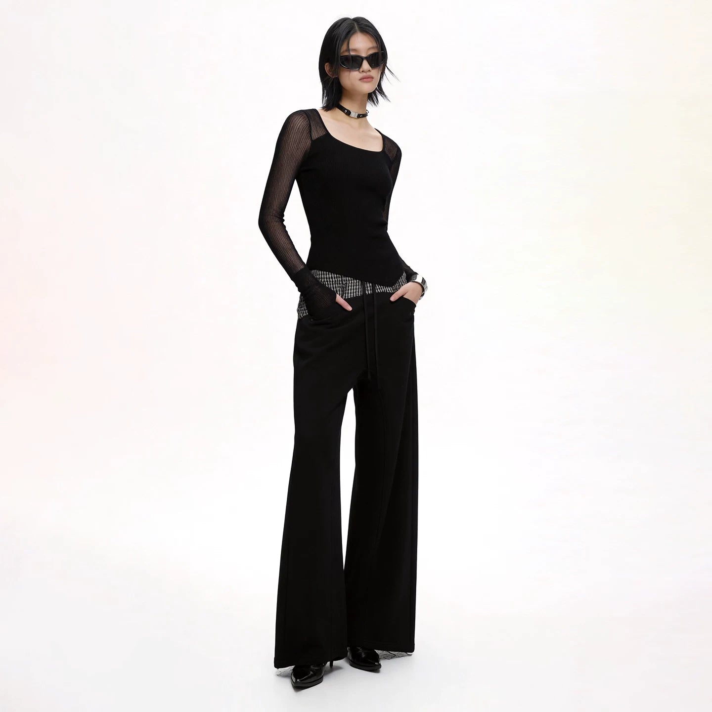 Lapargay Square Collar Fitted Knit Top Sheer Mesh Long Sleeve Patchwork Irregular Hem L72108216C