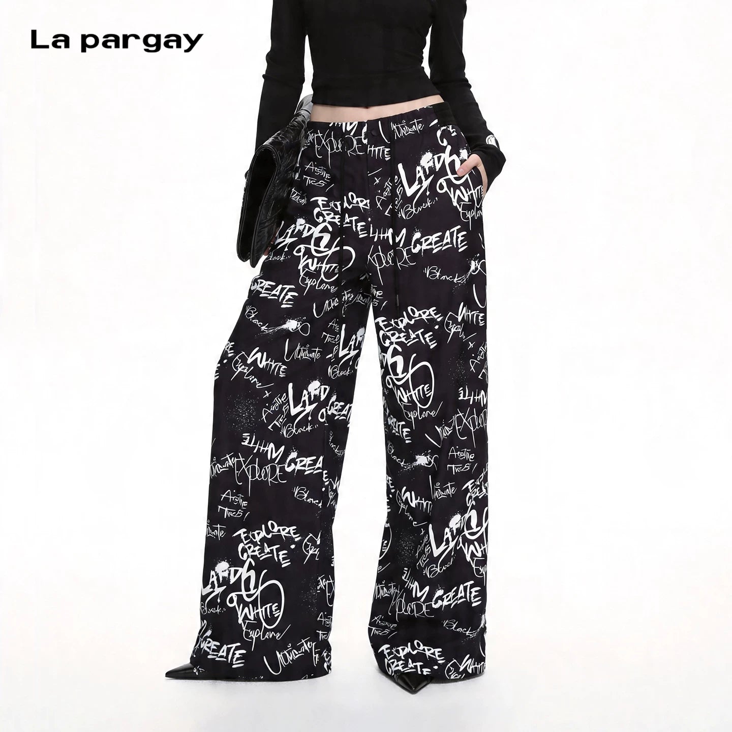 Lapargay Street Style Graffiti Print High-Waist Wide-Leg Pants Conceals Fat and Shows Slimness L75202902V