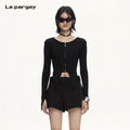 Lapargay slim-fit ribbed knitted top full zip opening irregular split hem L66308350B