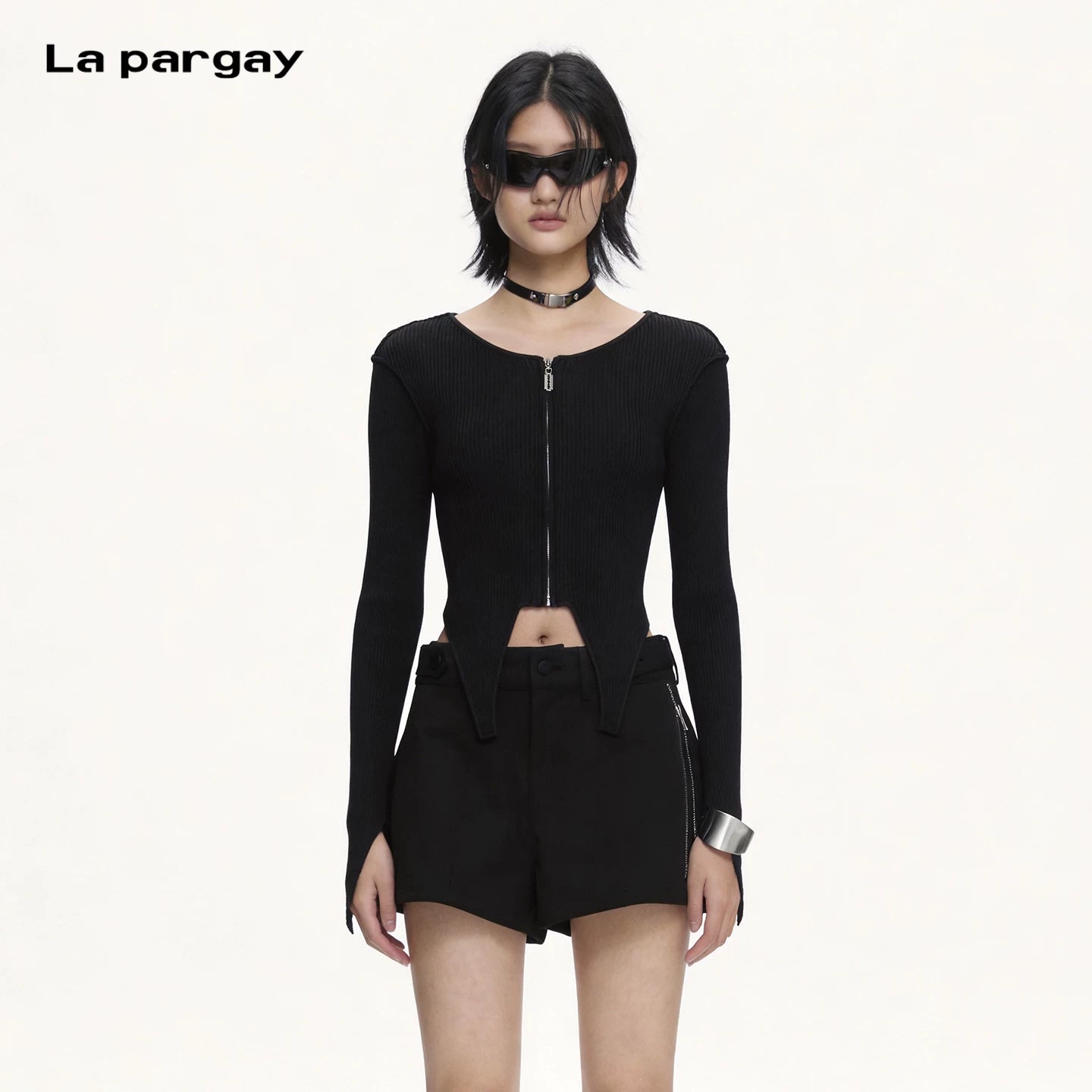 Lapargay slim-fit ribbed knitted top full zip opening irregular split hem L66308350B