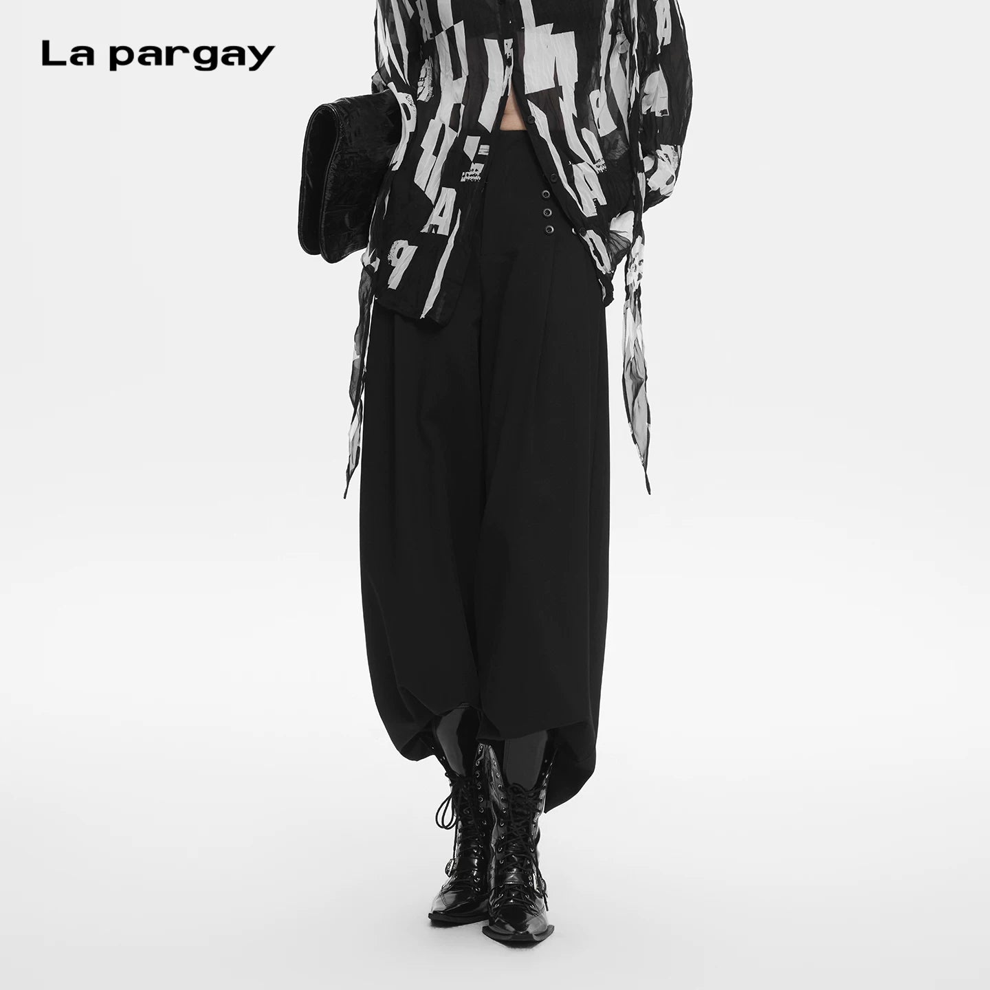 Lapargay High Waist Wide Leg Casual Pants Double Button Decoration Waistband Loose Slimming Hip Cover L78202902S