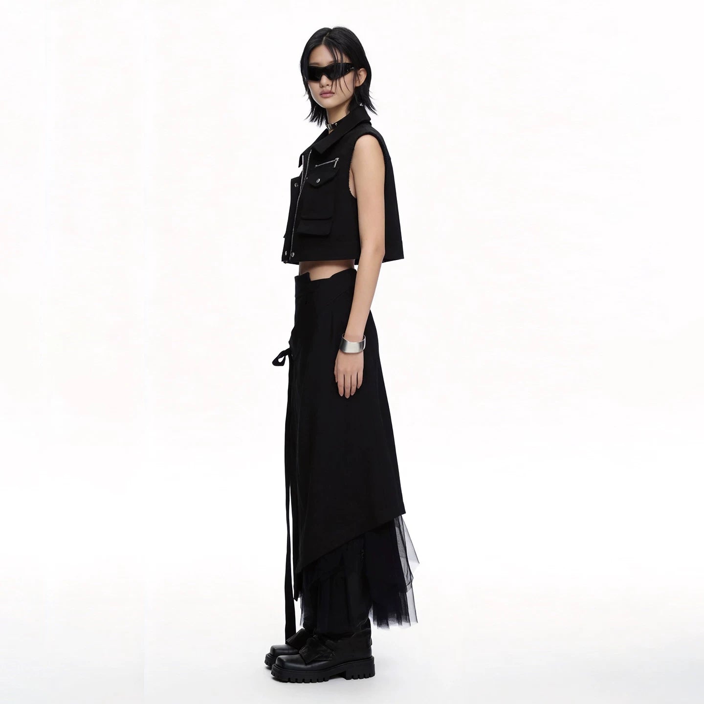 Lapargay dark style long skirt mesh double-layer spliced asymmetrical slit skirt L63109103C
