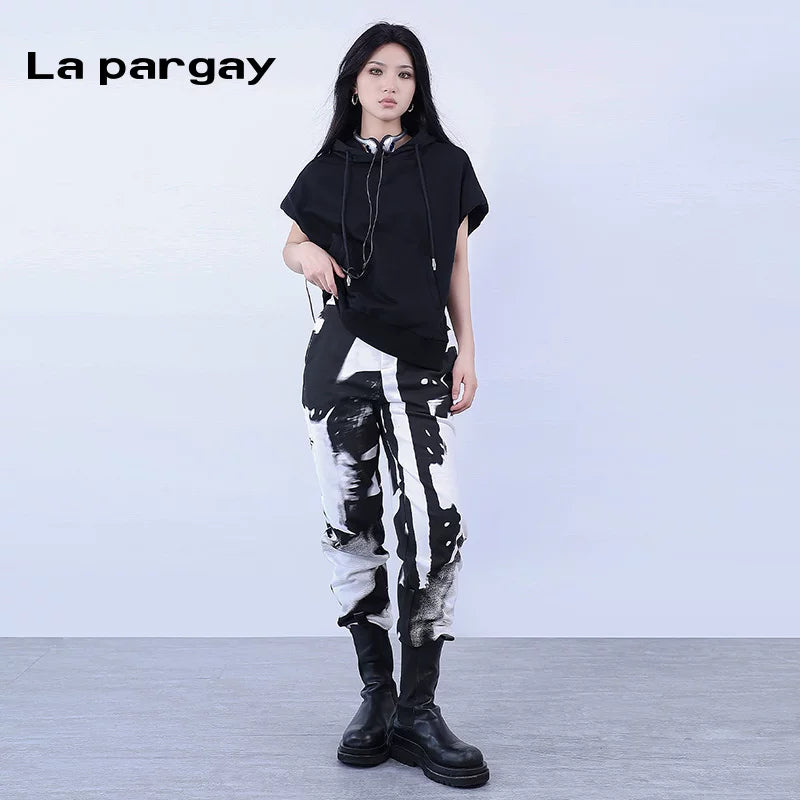 Lapargay Elastic Waist Pure Cotton Knitted Casual Pants 2026 Spring New Personality Print Fashion Design Joggers