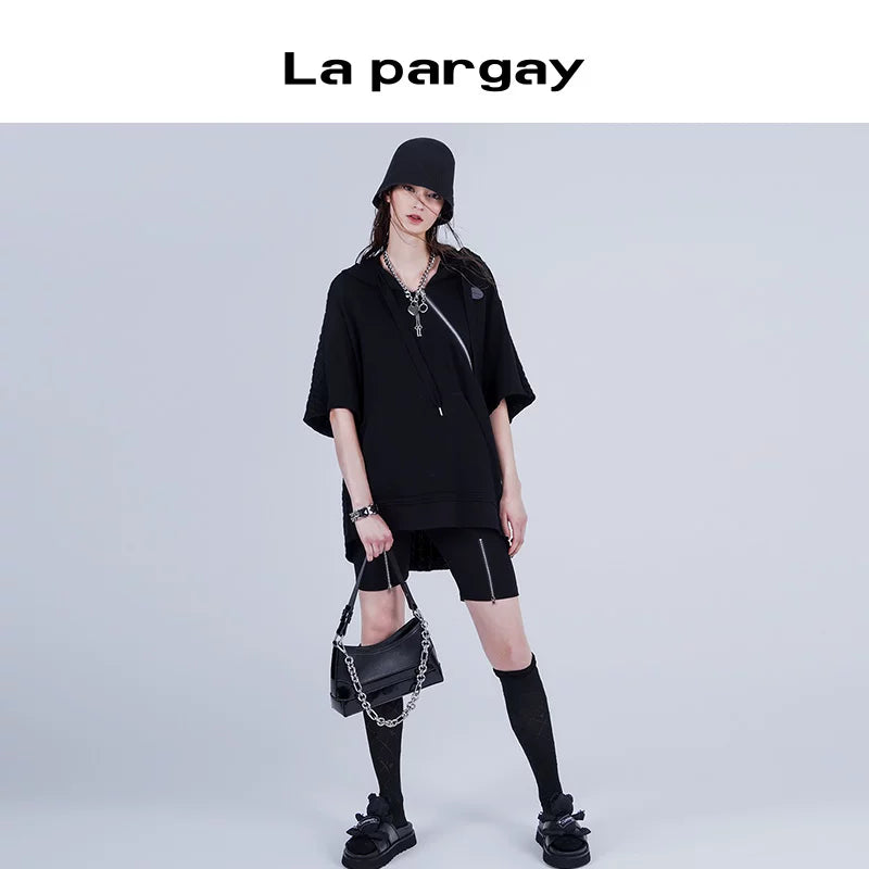 Lapargay 2026 Spring New Black Hoodie Knit Patchwork Hooded Pullover Loose Unisex Top Short Sleeve
