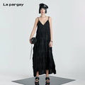 Lapargay V-Neck Pleated Camisole Dress A-Line Woolen Wide Hem Long Dress Autumn New Waist-Slimming Sexy Dress
