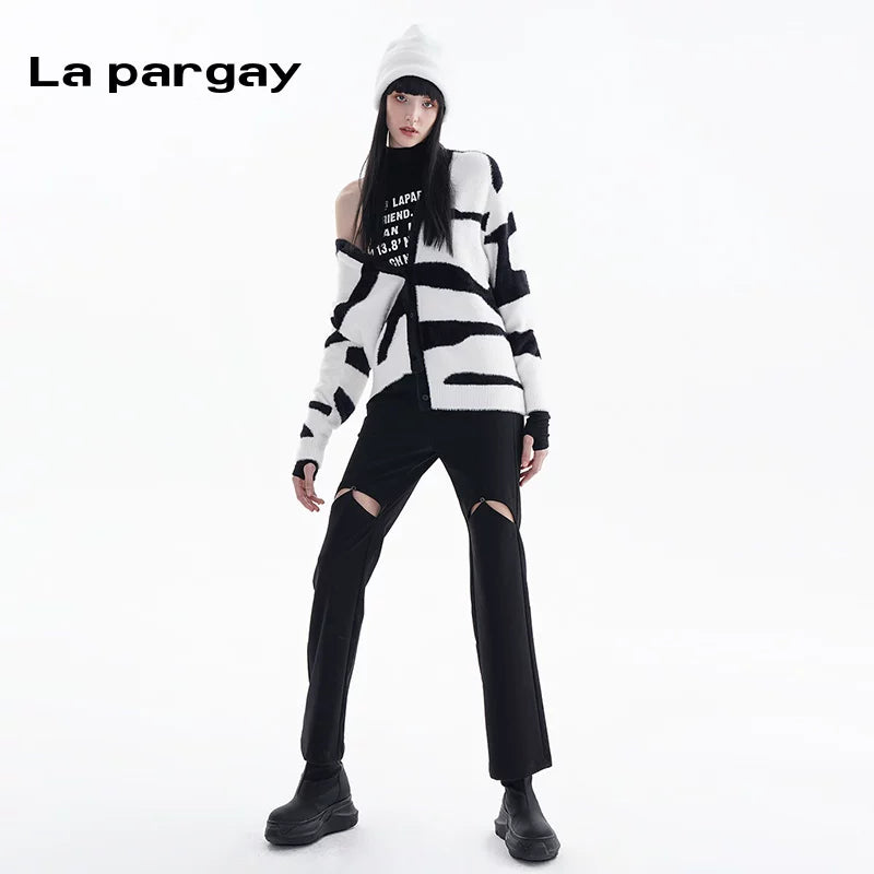 Lapargay hollow straight-leg casual pants 2026 spring new women's black versatile casual high-waist niche pants