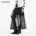 Lapargay high-waist long skirt spliced half skirt 2026 spring new women's black personality casual loose skirt