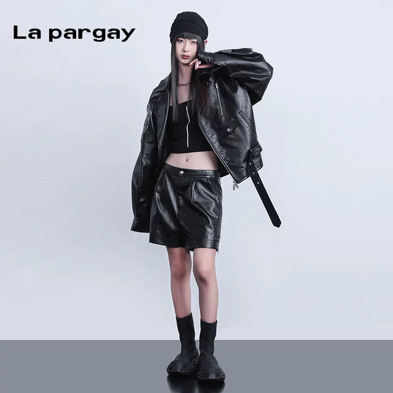 Lapargay PU Leather Shorts Women Fashion Casual Sexy Three-quarter Pants Summer New Black Personality Design Hot Pants
