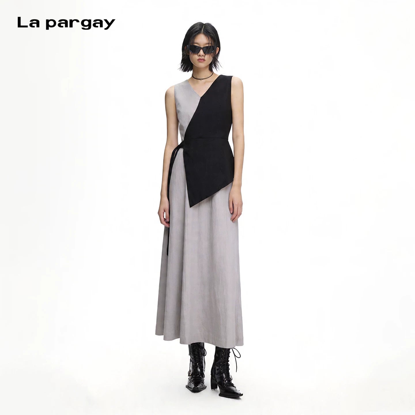Lapargay Contrast Color Stitching V-Neck Tie-Waist A-Line Slimming Long Dress L75209019C