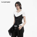 Lapargay  Black and White Contrast Short-Sleeve T-Shirt, Fake Layered Draped Neckline, Tie-Waist Slim Fit L78200218C