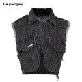 Lapargay Black Grey Tweed Short Vest Frayed Sleeveless Double Pocket Zip Jacket L66301421C