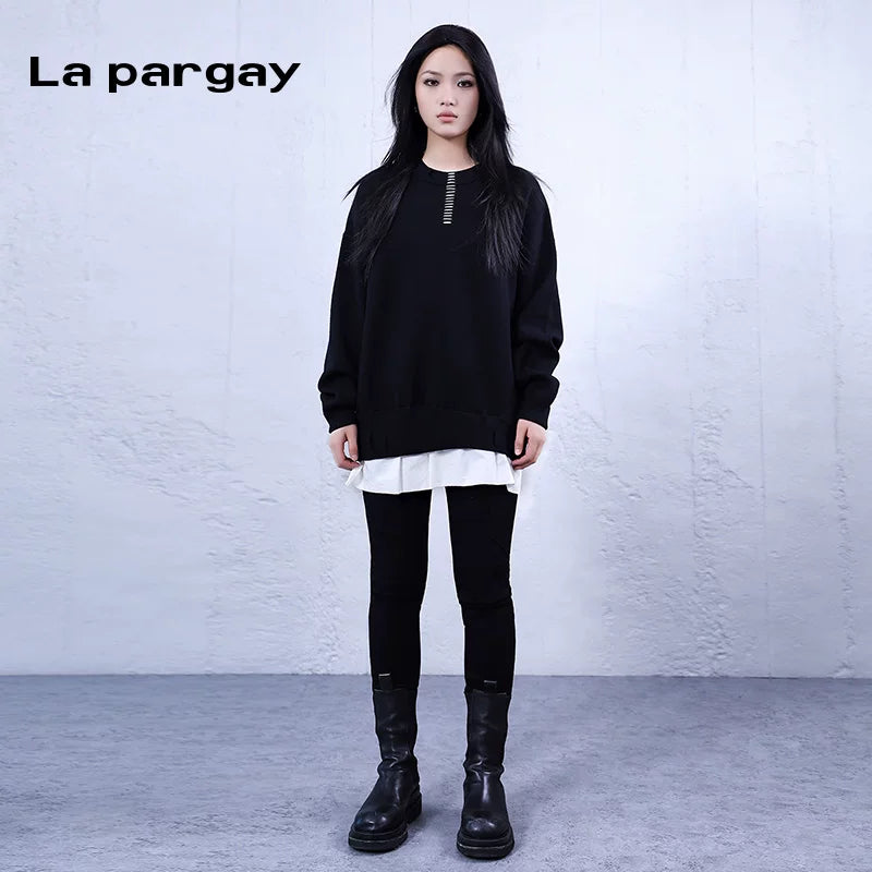 Lapargay spliced pullover sweater round neck long sleeve knitwear 2026 spring new women's black loose top