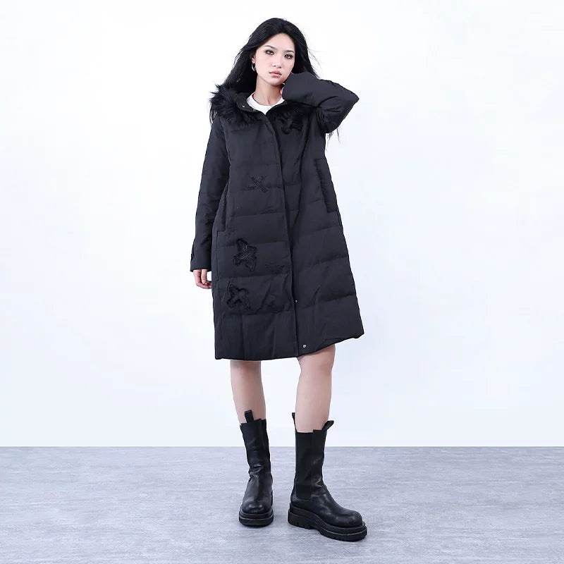 Lapargay long sleeve hooded embroidered long down jacket coat 2026 new personality casual simple top