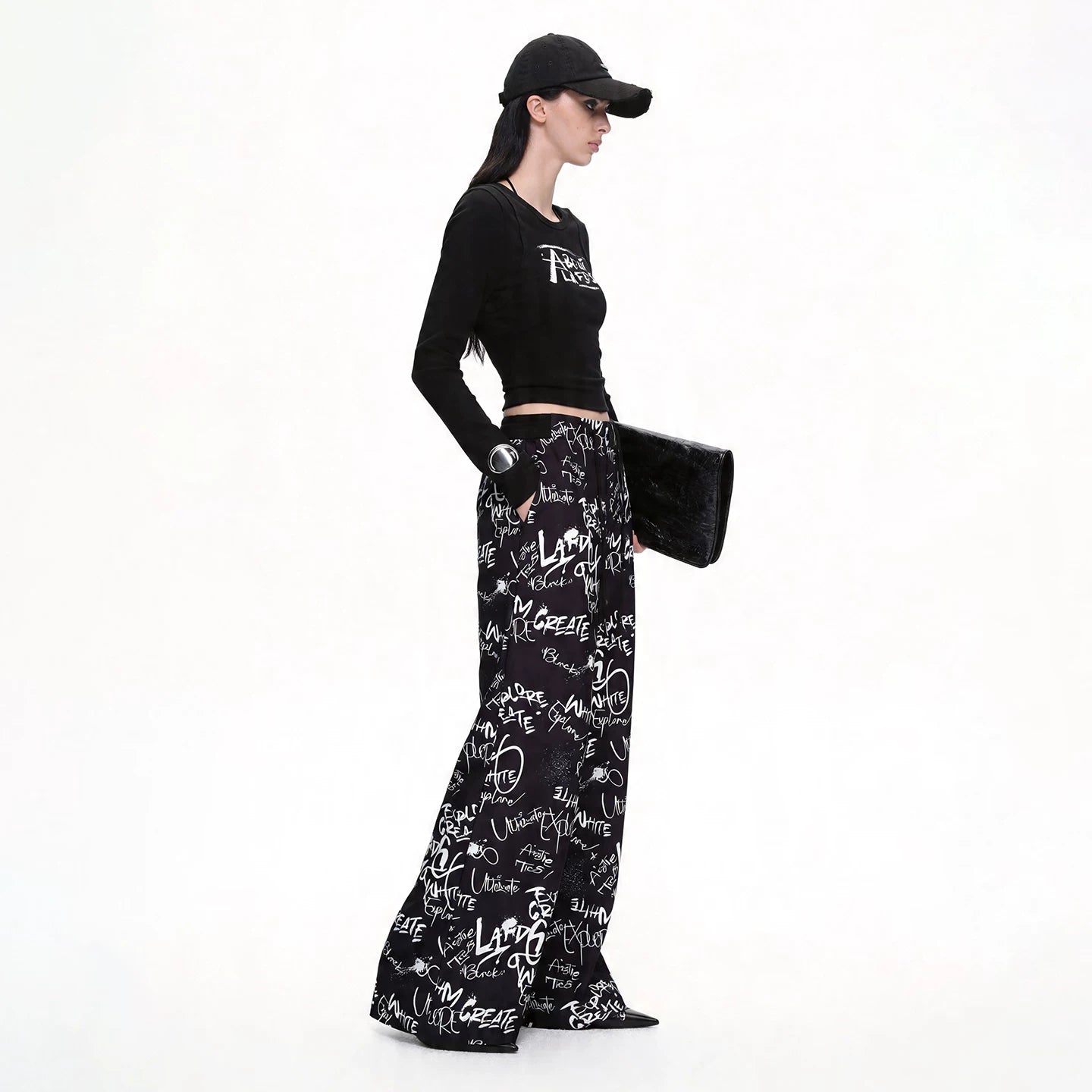 Lapargay Street Style Graffiti Print High-Waist Wide-Leg Pants Conceals Fat and Shows Slimness L75202902V