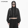 Lapargay Stand Collar Long Sleeve Short Jacket 2026 Spring New Women's Black Personality Slim Fit Slimming Top