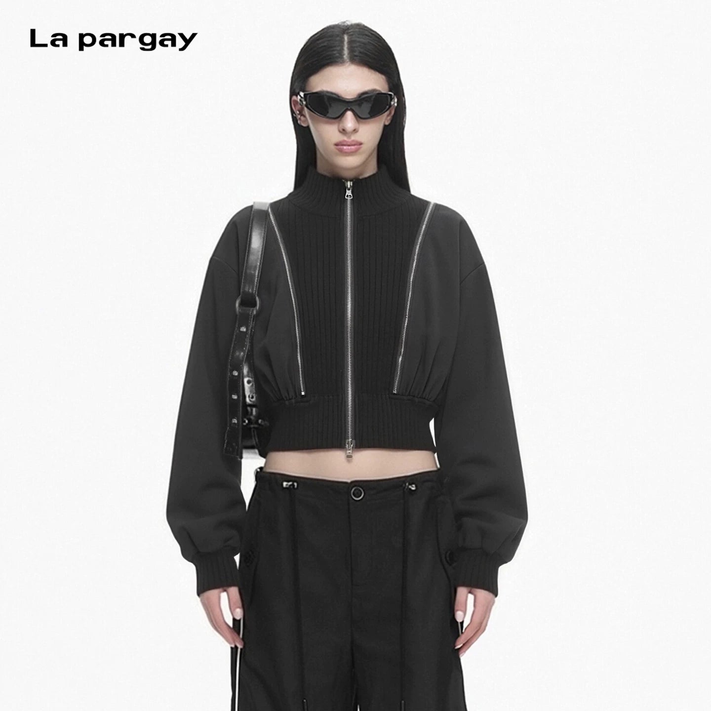 Lapargay Stand Collar Long Sleeve Short Jacket 2026 Spring New Women's Black Personality Slim Fit Slimming Top