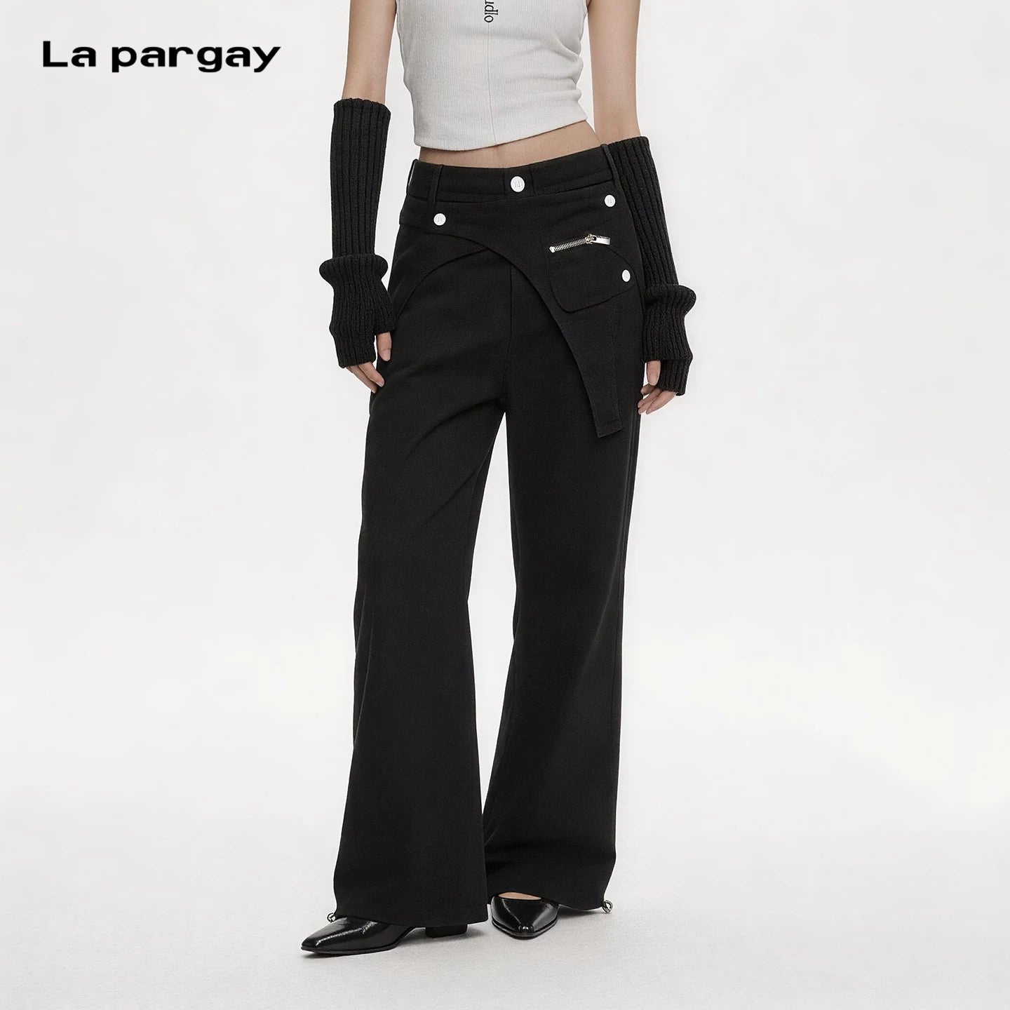 Lapargay Deconstructed Faux Two-Piece Micro-Flare Casual Pants Irregular Layered Panels to Modify Hip Shape L66302674C