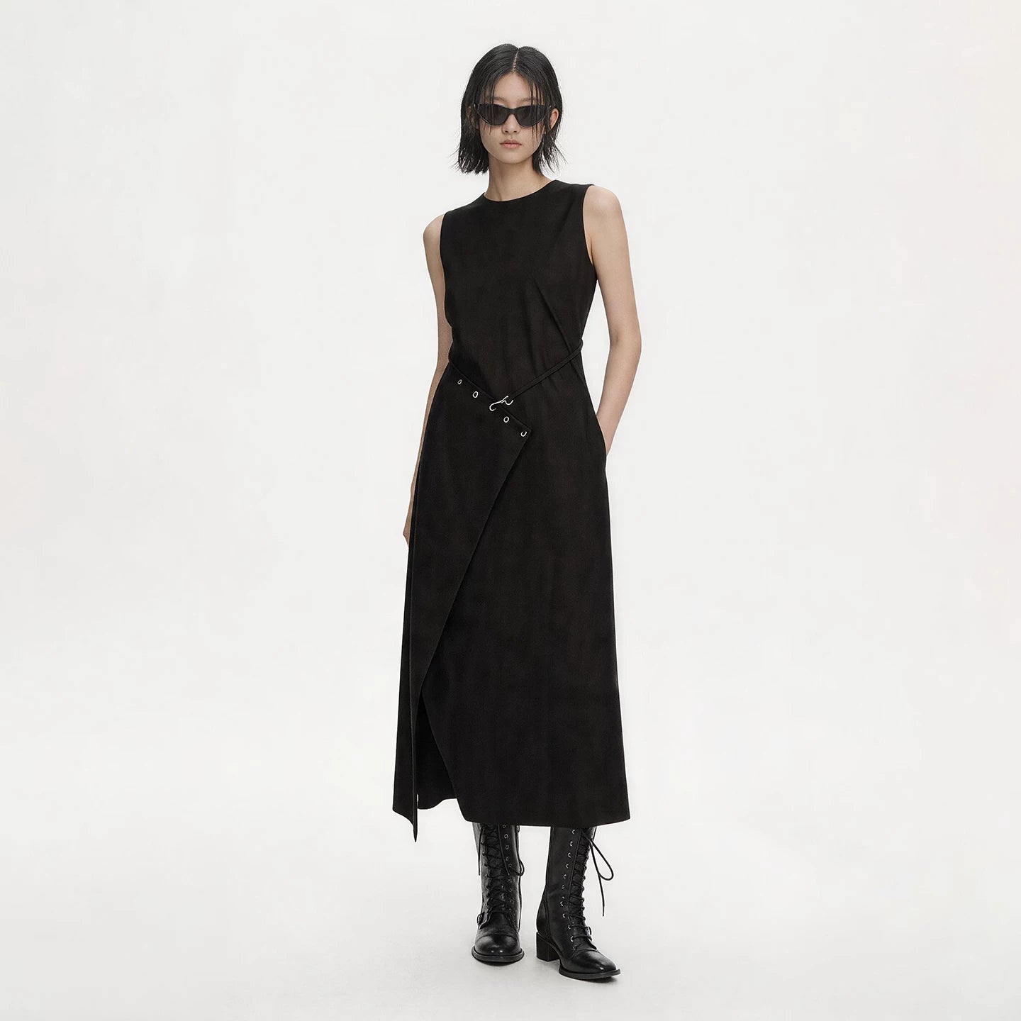 Lapargay solid black sleeveless long dress metal button detail irregular design slimming L75209011C