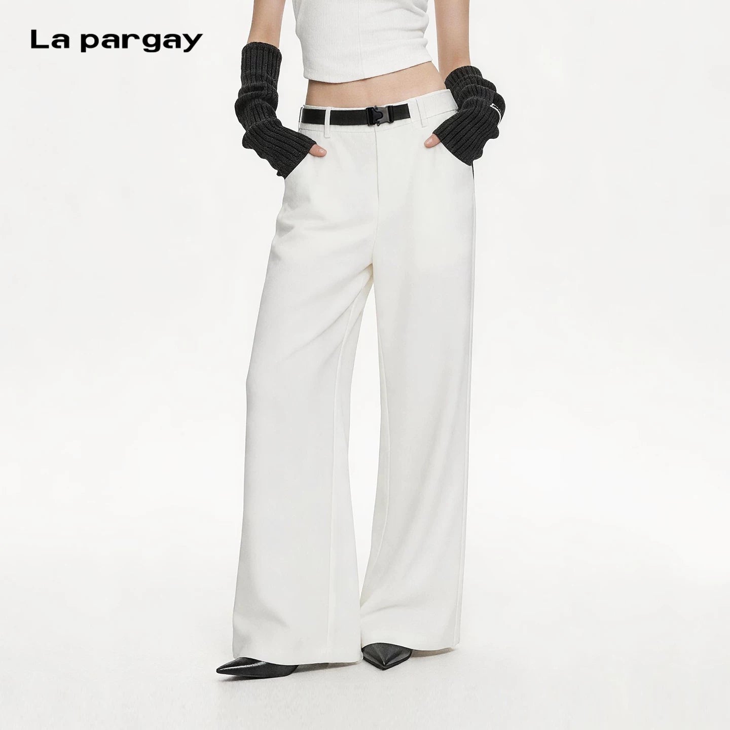Lapargay 3D Pleated Wide-leg Pants Functional Belt Draped Crisp for Neat Look L75202608C