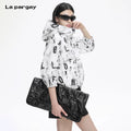 Lapargay  Vintage Newspaper Letter Print, Hooded Half-Zip, Three-Quarter Sleeve Short Jacket L78201905V