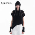 Lapargay Hollow Out Pullover Short Sleeve Knitted Sweater 2026 Spring New Women's Black Personality Casual Top