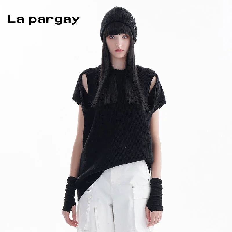 Lapargay Hollow Out Pullover Short Sleeve Knitted Sweater 2026 Spring New Women's Black Personality Casual Top