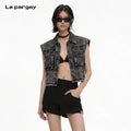 Lapargay Washed Denim Top Sleeveless Notched Collar Large Pocket Raw Hem Cinched Waist L75101403V