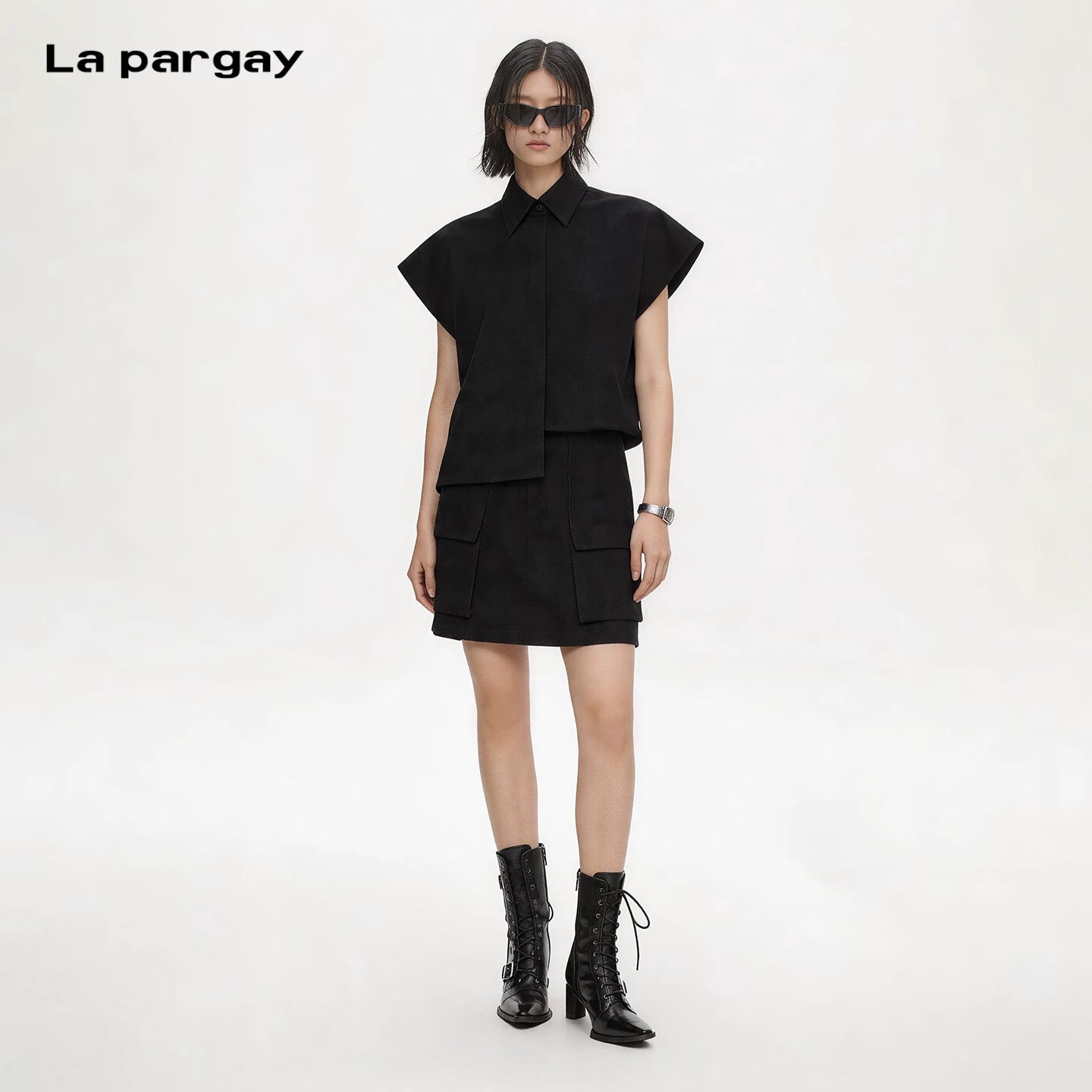 Lapargay Two-Tone Shirt Dress, Sharp Lapel with Cap Sleeves, Classic Little Black Dress L72209028V