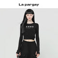 Lapargay Square Shoulder T-Shirt Women 2026 New Style Black Slim Fit Long Sleeve Design Niche Casual Top