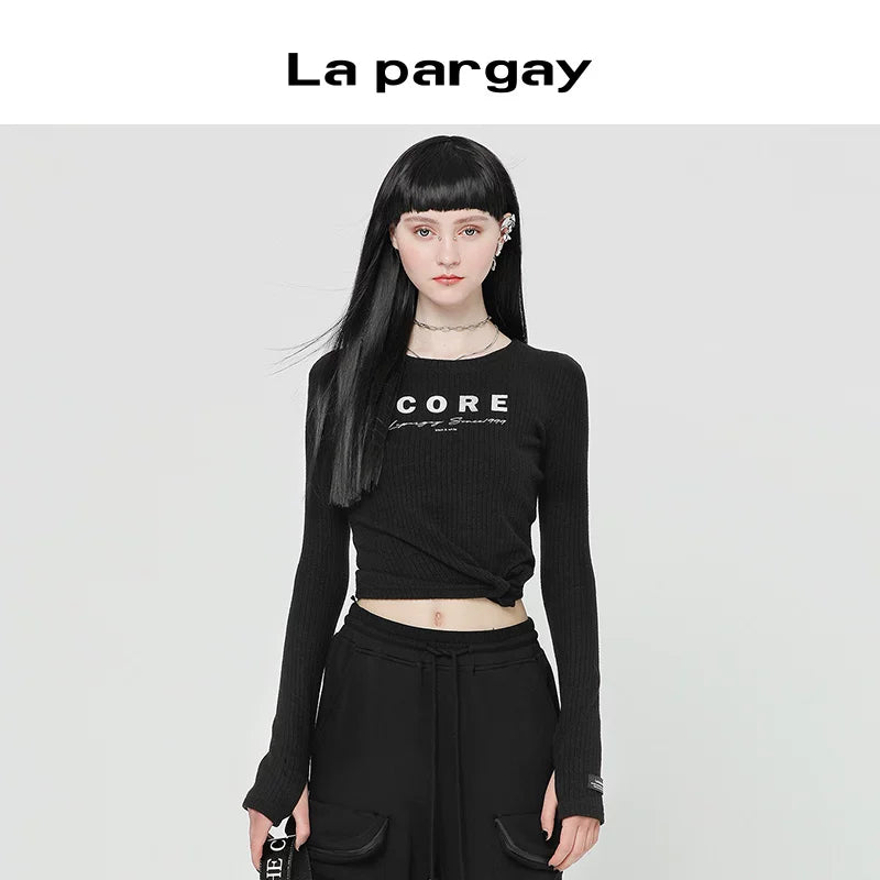 Lapargay Square Shoulder T-Shirt Women 2026 New Style Black Slim Fit Long Sleeve Design Niche Casual Top