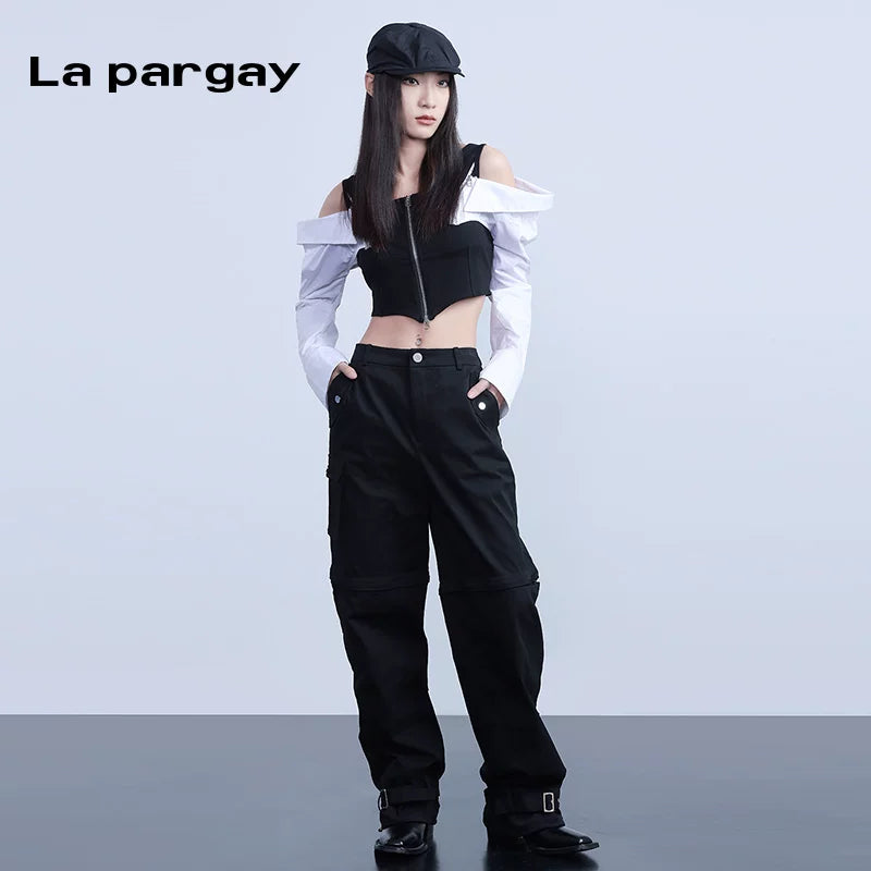 Lapargay Cargo Tapered Ankle Pants 2026 Spring New Women's Black Personality Casual High-Waist Long Pants