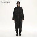 Lapargay Washed Denim Long Trench Coat Multi-Zipper Utility Pockets Stand Collar Loose Silhouette L75101501V