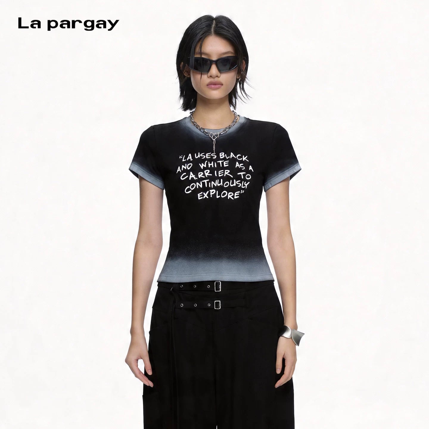 Lapargay Black and white gradient design, American graffiti print top, sexy slim fit L75200218V